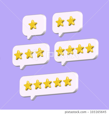 Vector 3d render volume illustration of 1- to 5-star feedback, evaluation of a product or service on a purple background with white rectangle plastic clouds. eps10 103165645