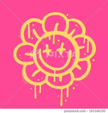 Positive vibes groovy Flower drawing with grunge emoji face. Urban graffiti sign with drops and leaks. Sprau texture Vector illustration design for fashion graphics, t shirt prints. 103166195