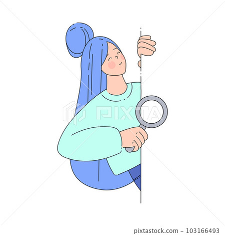 Smiling Woman Character Looking Out of Corner with Magnifying Glass Vector Illustration Smiling Woman Character Looking Out of Corner with Magnifying Glass Vector Illustration 103166493
