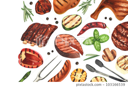 Watercolor frame barbecue. Elements for cooking bbq - grill, chicken and meat. Hand-drawn illustration isolated on white background. Perfect concept food menu, food drawing, design packing, barbecue Watercolor frame barbecue. Elements for cooking bbq - grill, chicken and meat. Hand-drawn illustration isolated on white background. Perfect concept food menu, food drawing, design packing, barbecue 103166539