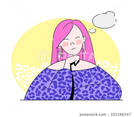 Young Thinking Woman with Purple Hair and Empty Thought Bubble Vector Illustration Young Thinking Woman with Purple Hair and Empty Thought Bubble Vector Illustration 103166547