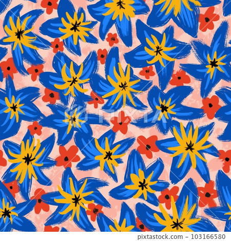 Hand drawn seamless pattern of colorful blue red yellow flowers, summer spring floral print. Bright vibrant modern loose bloom blossom, trendy abstract botanical design, daisy lily petal for textile 103166580