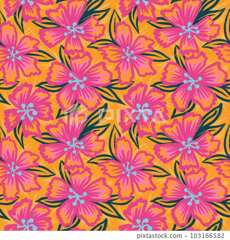 Hand drawn seamless pattern of colorful pink orange flowers, summer spring floral print. Bright vibrant modern loose bloom blossom, trendy abstract botanical design, daisy lily petal for textile 103166582