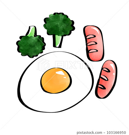 Brush pen style illustration of fried egg, broccoli and red sausage Brush pen style illustration of fried egg, broccoli and red sausage 103166950