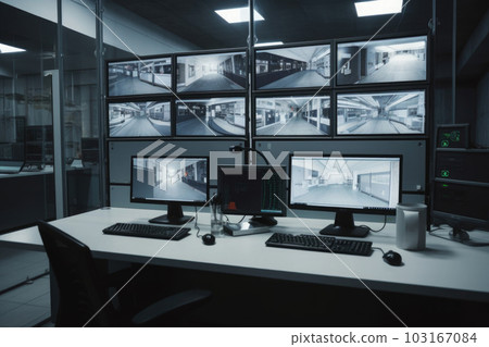 Workplace with surveillance camera monitors. Security office. Generative AI 103167084