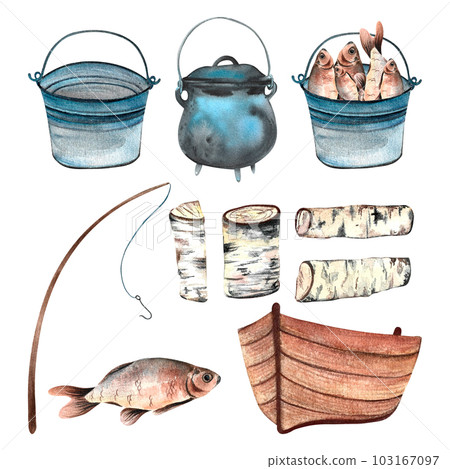 fishing set painted in watercolor isolated hand-drawn 103167097