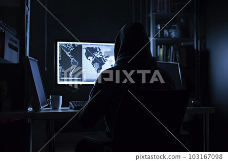 Back view of man in hoodie using computer in dark room. Generative AI 103167098