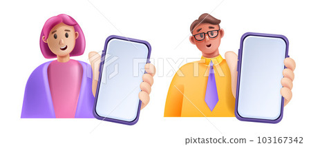 3D man woman hold smartphone set, smiling vector cartoon character with phone, digital SMM manager 3D man woman hold smartphone set, smiling vector cartoon character with phone, digital SMM manager 103167342