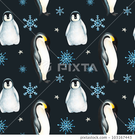 Watercolor winter seamless pattern illustration of a king penguins under snowflakes isolated. Hand painting realistic Arctic and Antarctic ocean mammals. For designers, decoration, postcards, wrapping 103167443