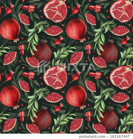 Watercolor seamless pattern with pomegranate seeds and flowers and leafs isolated. Half and a slice of pomegranate. Hand drawn realistic tasty organic garnet red fruit. For designers, Valentine's Day 103167447