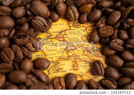 Bangkok, Thailand March 14, 2023 Coffee bean on Europe map, import export trade online commerce concept. Bangkok, Thailand March 14, 2023 Coffee bean on Europe map, import export trade online commerce concept. 103167513