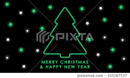 Happy New Year, postcard. Neon green Christmas tree and stars on a black background. Holiday postcard design. Happy New Year, postcard. Neon green Christmas tree and stars on a black background. Holiday postcard design. 103167537