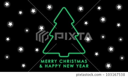 Happy New Year, postcard. Neon green Christmas tree and stars on a black background. Holiday postcard design. Happy New Year, postcard. Neon green Christmas tree and stars on a black background. Holiday postcard design. 103167538