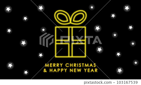 Happy New Year, postcard. Neon yellow gift and stars on a black background. Holiday postcard design. 103167539