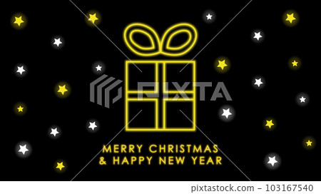 Happy New Year, postcard. Neon yellow gift and stars on a black background. Holiday postcard design. 103167540