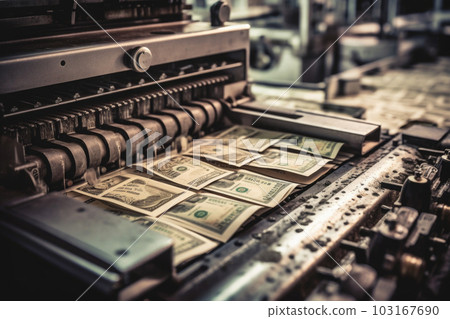 Machine printing dollar banknotes. Generative AI Machine printing dollar banknotes. Generative AI 103167690