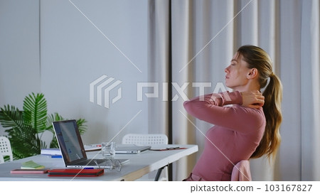 Tired after long usage of computer woman takes off glasses rub nose bridge reduces painful feelings rest sit at workplace. Overworked person, need vision correction, break from device concept Tired after long usage of computer woman takes off glasses rub nose bridge reduces painful feelings rest sit at workplace. Overworked person, need vision correction, break from device concept 103167827