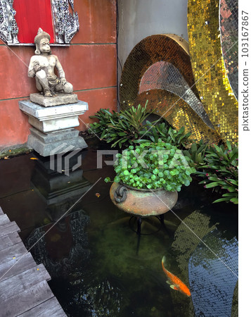 Thailand, Phuket, park. View of the park, pond and sculptures. 103167867