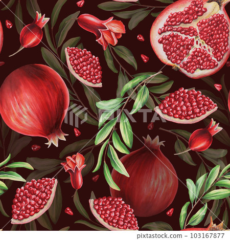 Watercolor seamless pattern with pomegranate seeds and flowers and leafs isolated. Half and a slice of pomegranate. Hand drawn realistic tasty organic garnet red fruit. For designers, Valentine's Day Watercolor seamless pattern with pomegranate seeds and flowers and leafs isolated. Half and a slice of pomegranate. Hand drawn realistic tasty organic garnet red fruit. For designers, Valentine's Day 103167877