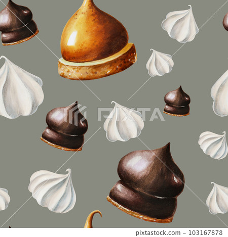 Watercolor seamless pattern with meringue, chocolate marshmallows, orange souffle. Hand painting sweet on a white isolated background. For designers, menu, shop, bar, bistro, restaurant, for postcards Watercolor seamless pattern with meringue, chocolate marshmallows, orange souffle. Hand painting sweet on a white isolated background. For designers, menu, shop, bar, bistro, restaurant, for postcards 103167878