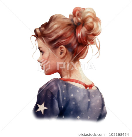 Watercolor American Messy Bun. Cute American Girl with 4th of July accessories Illustration Clipart Watercolor American Messy Bun. Cute American Girl with 4th of July accessories Illustration Clipart 103168454