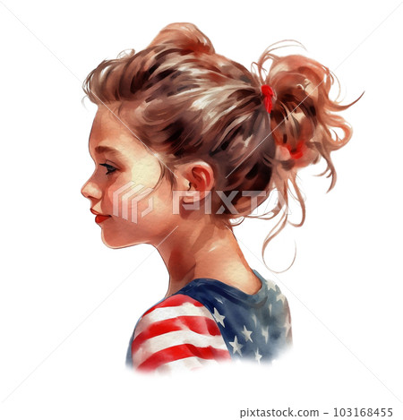 Watercolor American Messy Bun. Cute American Girl with 4th of July accessories Illustration Clipart 103168455