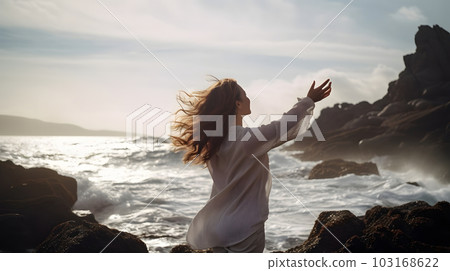 woman with rised hands in front of rocky sea shore with waves and splashes, neural network generated art 103168622