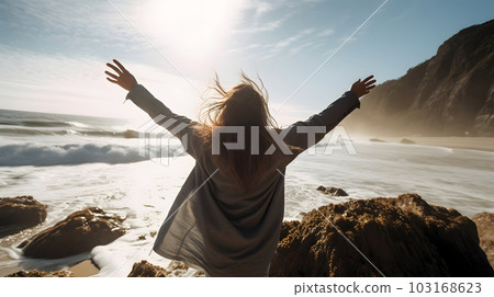 woman with rised hands in front of rocky sea shore with waves and splashes, neural network generated art 103168623