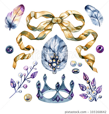 Hand-drawn set of watercolor illustrations. Jewelry, brooches, feather, ribbons, bows, gems. Vintage items for design, prints, cards, scrap-booking, stickers and other purposes. Hand-drawn set of watercolor illustrations. Jewelry, brooches, feather, ribbons, bows, gems. Vintage items for design, prints, cards, scrap-booking, stickers and other purposes. 103168642