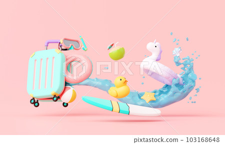 Summer time pink vacation beach with Minimal suitcase luggage, inflatable rings, other elements background concept, Display for Product mockup with summer pink theme. minimal cute design. 3d render. 103168648