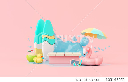 Summer pink vacation beach with Flamingo inflatable ring background concept, Minimal Realistic Display Podium for Product mock-up or Cosmetics with summer pink theme, inflatable ring. 3d rendering Summer pink vacation beach with Flamingo inflatable ring background concept, Minimal Realistic Display Podium for Product mock-up or Cosmetics with summer pink theme, inflatable ring. 3d rendering 103168651