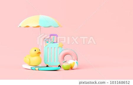 Summer time pink vacation beach with Minimal suitcase luggage, inflatable rings, other elements background concept, Display for Product mockup with summer pink theme. minimal cute design. 3d render. 103168652