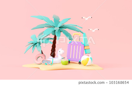 Summer time pink vacation beach with Minimal suitcase luggage, inflatable rings, other elements background concept, Display for Product mockup with summer pink theme. minimal cute design. 3d render. 103168654