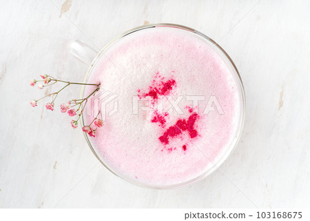 Pink matcha latte with milk. Trendy drink from dragon fruit powder 103168675