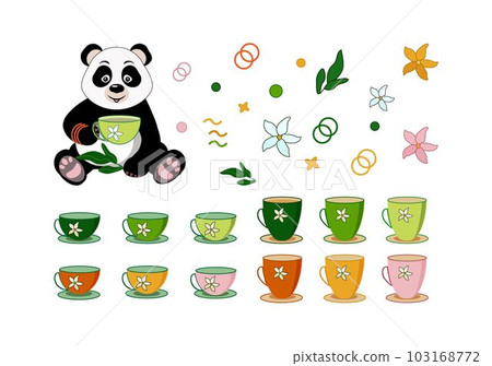 Green tea set. Cups, jasmine flower, leaves, panda with tea, geometric shapes. Vector illustration. Green tea set. Cups, jasmine flower, leaves, panda with tea, geometric shapes. Vector illustration. 103168772