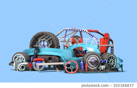 Set of custom spare parts for tuning the body and internal components 3d renyer on blue 103168837