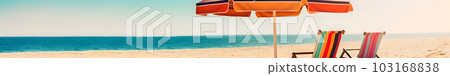 Beach umbrella with chairs on the sand beach - summer vacation theme header, neural network generated art 103168838