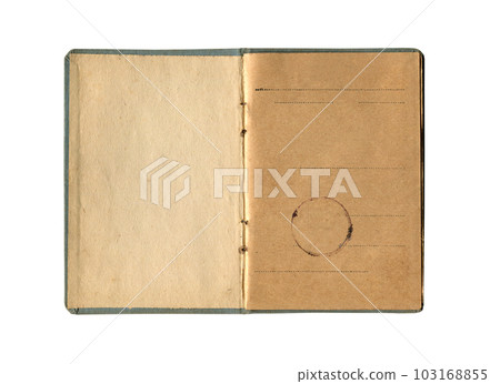 notebook with vintage yellow paper and antique seal stamp and empty first page open and isolated notebook with vintage yellow paper and antique seal stamp and empty first page open and isolated 103168855