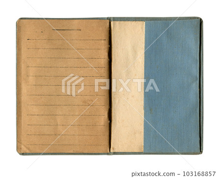 notebook with vintage yellow brown lined paper and stained cloth blue cover isolated on white 103168857