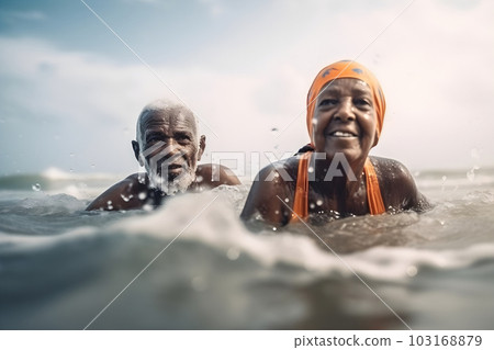 Mixed race senior couple swimming in ocean waves 103168879