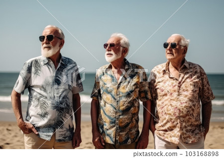 Elderly people enjoy company on sunny summer beach 103168898