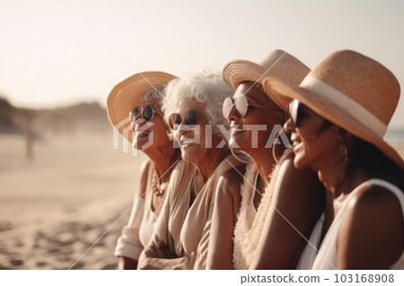 Elderly people enjoy company on sunny summer beach 103168908