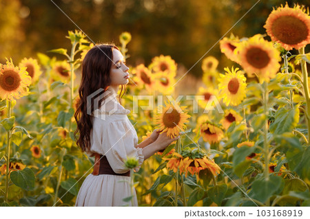 Beautiful woman in a dress in a field of sunflowers 103168919
