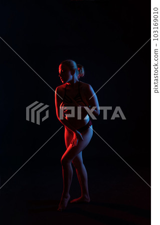 Happy plump body positive blond haired lady posing topless 103169010