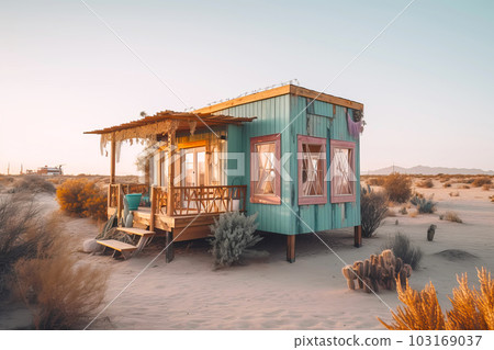 Mobile tiny house for outdoor experiences by a beautiful desert. Connection with nature. Generative AI illustration 103169037