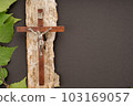 Christian Pentecost. Whit Sunday. A cross with a birch branch on a white, green, red and black background. 103169057