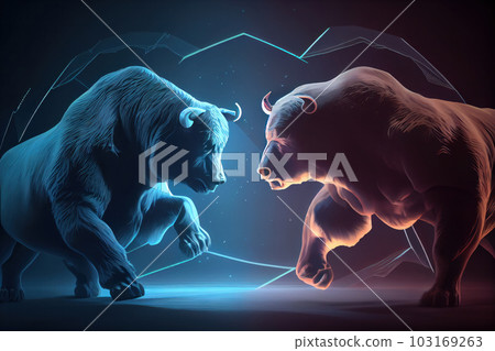 A trader standing between a bear and a bull statue, representing the constant battle between market bulls and bears. AI Generative. A trader standing between a bear and a bull statue, representing the constant battle between market bulls and bears. AI Generative. 103169263