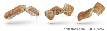 Set of isolates of broken loaves of bread. A set of loaves of light bread on a white isolated background. Healthy food concept. A loaf broken in half falls, casting a shadow. Side view 103169267