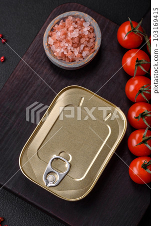 Tin or aluminum rectangular can of canned food with a key 103169415