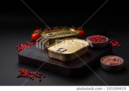 Tin or aluminum rectangular can of canned food with a key Tin or aluminum rectangular can of canned food with a key 103169419